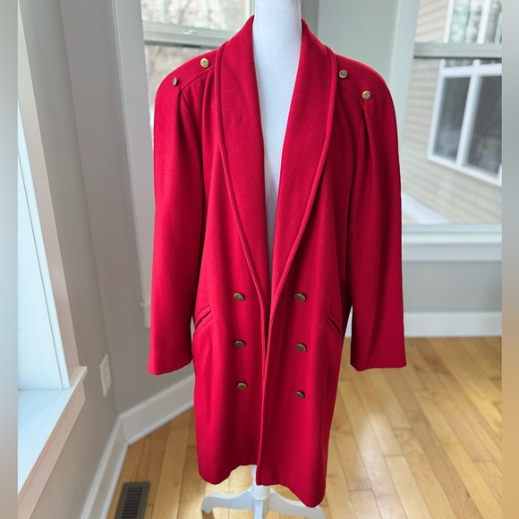 Vintage Michelle Stuart Cardinal Red Double Breast Shawl Collar Wool Trench Coat - Picture 15 of 16